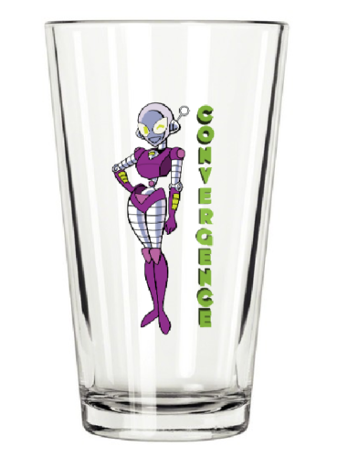 Pint glass with image of Connie with one hand on hip.