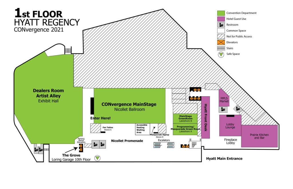 Map of 1st floor for CONvergence 2021. Plain text maps are further down the page.