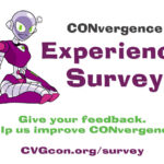 Connie sitting with text: Give your feedback. Help us improve CONvergence!